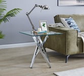 Leonardo Square Glass Side End Bedside Table with Metal Angled Starburst Legs for Modern Living Rooms