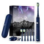 JTF Brosse À Dent Électrique Sonique Adultes avec 6 Têtes de Brosse et Étui de Voyage, Chargeur Rapide sans Fil et Longue Durée, 5 Modes et Minuteur Intelligent, Brosse À Dent Voyage, P200 Bleu