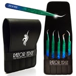 Razor Edge Eyelash Tweezers 5 Pack Set with 5 tips Sea Green with Black Case