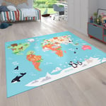 Tapis pour enfants, Tapis de jeu pour chambres d'enfants, Carte du monde avec animaux, En vert 100x200 cm - Paco Home