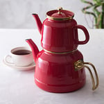 Karaca Retro Enamel Teapot Set, Red, Induction-Suitable for Tea Kettle, Kettle, Tea Infusion 1.1 L, Water Jug 2.3 L, Turkish Tea Kettle, Tea Maker, Caydanlik, Kettle and Tea Maker