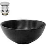 Lavabo à Poser en Céramique Noir Mat, ø 280 x 150 mm, Ronde, avec Bouchon de Vidange 1 1/4 Universel Push Open, Vasque Évier Lave-Mains pour Salle de