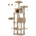 Feandrea - Arbre à Chat, Hauteur 206 cm, avec 13 Griffoirs, 2 Plate-forme, 2 Niches, Panier, Hamac, Pompon, Tissu Peluche, Multi-niveaux pour Chat