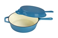 ECHTWERK Cocotte et poêle à griller 2-en-1 Set, Cocotte en fonte avec couvercle, Casserole en fonte avec revêtement émaillé, Convient pour four, gril, BBQ et induction, Bleu clair, 2,5 L, Ø 25,2 cm