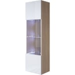 Vitrine murale 1 porte avec led Meuble de Rangement suspendu 40x165x29cm 4 compartiments Modèle Luke V6 Sonoma mat et Blanc Finition brillante