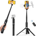 179Cm Perche A Selfie, Selfie Stick Trépied Avec Télécommande Pour Iphone, Smartphones Android Et Go Pro Caméras, Trépied Téléphone En Aluminium Avec 2 Cold Shoe Pour Lumière Et Mi[PHO062681]