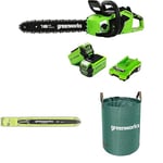 Greenworks 40V 40cm Tronçonneuse à Batterie avec Moteur Sans Balais, 2 Batteries 40V 2Ah, Chargeur + Greenworks 40cm Barre de chaîne+ Sac à déchets de jardin Greenworks 120 L