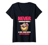 Womens Never Underestimate A Girl Who Likes Eating Bagels V-Neck T-Shirt