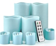 Set Of 8 Sky Blue LED Flameless Candles Real Wax Battery Operated  Remote NEW