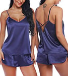 RSLOVE Lingerie Sexy Vêtements de Nuit en Satin Pyjamas Ensemble Cami Shorts Col en V pour Femmes Pourpre Foncé L