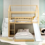 Lit superposé avec escalier avec main courante et échelle à angle droit, escalier avec espace de rangement, lit cabane avec toboggan, lit d'enfant