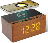 ANJANK Enceinte Bluetooth Réveil en Bois avec Radio FM,Chargement sans Fil pour iPhone/Samsung,Port de Charge USB,0-100% Luminosités Réglable,Minuterie de Sommeil,Réveil Numérique Affichage LED