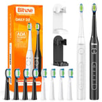 Bitvae Electric Toothbrushes 2 Pack Sonic Toothbrush with Holders, Dual Ultrasonic Electronic Toothbrush 8 Brush Heads 5 Modes, Rechargeable Power Toothbrush for 30 Days Using, Black & White