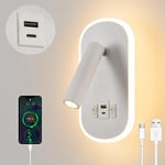 LED Liseuse de chevet,Applique Murale avec interrupteur,USB + TYPE C port de charge Luminaire Murale,3W 3000K + 9W 6000K éclairage d'ambiance de chambre à coucher,Spot réglable Lampe de Lecture Blanc