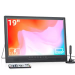 19 Inch Portable TV with freeview Antenna, 1080P LED Small TV with HDMI Input, AV Input, USB Port, Portable Monitor with Built-in Stand, 12V TV for caravan motorhome kitchen bedroom (No Battery)