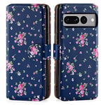 32nd Floral Series 3.0 - Design PU Leather Book Wallet Case Cover for Google Pixel 7 Pro, Designer Flower Pattern Wallet Style Flip Case With Card Slots - Vintage Rose Indigo