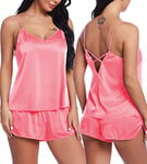 RSLOVE Lingerie Sexy Vêtements de Nuit en Satin Pyjamas Ensemble Cami Shorts Col en V pour Femmes Rose XXL