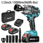 1/2in Battery Impact Gun 1000Nm Torque Cordless Impact Wrench for Car Tire Truck