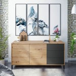 FRS - Buffet de salon Brooklyn avec 2 portes + 3 tiroirs 154 cm (largeur) x 74 cm (hauteur) x 41 cm (profondeur) - Chêne Nodi - Gris Anthracite