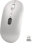 Souris Sans Fil Rechargeable Silence Click Wireless Mouse 2.4G Ultra Mince Souris Ergonomic 1600 DPI avec Récepteur USB & Écran D'affichage De la Batterie pour Ordinateur/Portable/MacBook - Argent