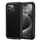 Lanhiem Coque pour iPhone 15 Pro Max (6.7), [Métal et Rigide] [Antichoc] Militaire avec du Verre trempé Integrale Indestructible Chantier Antipoussière Etui [Compatible Charge sans Fil] - Noir