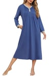 Lovasy Chemise de Nuit Manche Longue Coton pour Femme Vetement de Nuit Grande Taille avec Poches B-Bleu XL