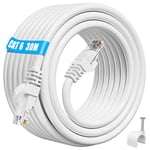 Cable Ethernet 30m, Cable RJ45 30m Haute Vitesse Cat 6 Câble Réseau Extérieur Intérieur, 23AWG Gigabit Long Câble Ethernet 30m UTP 250MHz Imperméable Cable LAN pour Routeur PS4/5 Modem (30 Clips)