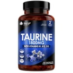 Taurine Supplement - High Strength 1800mg Taurine Capsules Enriched with Vitamins B1, B12 & Vitamin D3-120 Taurine Amino Acids Capsules - Vegetarian Taurine Capsules Made in The UK by New Leaf