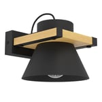 EGLO Applique murale Maccles, FSC100HB, lampe pour salon, chambre et couloir, luminaire intérieur en métal noir et bois naturel, douille E27