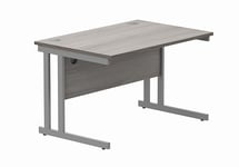 Office Hippo Essentials Rectangular Desks, Home Writing Computer Desk Office Desk For Work Place Or Home, Home Office Desk With Cable Port Management, Silver Frame, Alaskan Grey Oak 120cm x 80cm