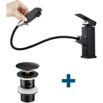 Auralum - Robinet Mitigeur Lavabo avec Douchette Extractible,Noir, Hauteur 187mm+Bonde Lavabo Bonde Pop-up avec Trop-plein Automatique Universelle