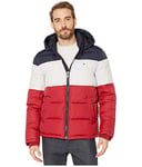 Tommy Hilfiger Men's Hooded Puffer Jacket, Midnight/White/Red, M