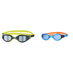 Zoggs Unisex-Youth Phantom Elite Mirror Swimming Goggles (6-14 Years) & Unisex-Youth Phantom 2.0 Junior with UV Protection and Anti-Fog Swimming Goggles, Light Blue/Blue/Orange/Blue Tint, 6-14 Years