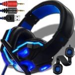 Casque de gaming filaire Gaming Casque avec microphone antibruit Over-Ear en cuir synthétique Casque pour PC, ordinateur portable, PS4, tablette, smartphone, TV Noir/bleu