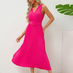 (Rose Red S)Pleated A Line Dress Deep V Neck Long Sleeveless Pleated Midi SLS