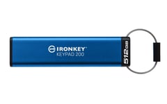 Kingston Technology Ironkey 512 Gb Keypad 200, Fips 140-3, Niv. 3 (Afventer) Aes-256 Krypteret, 512 Gb, Usb Type-A, 3.2 Gen 1 (3.1 Gen 1), 280 Mb/S, Muffe, Blå