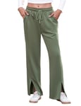 Totatuit Pantalon Large Femme Fluide Ample Cordon Elastique Taille Haute Poche Longue Yoga Pantalons Leger Elegant Palazzo Bas de Pyjama Plage Jogging Vert Armée，M