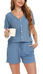 Vlazom Pyjama Femme ete,Ensemble Pyjama Court Femme Haut à Manche Courte avec Boutons Pyjamas Short Femme Couleur Unie 2 Pièces,L,B-Blue Cobalt