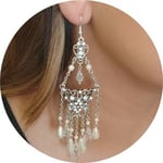 Elegant Deco Silver Scroll, Sparkling Swarovski Crystal Long Chandelier Earrings