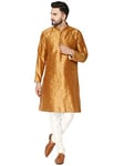 SKAVIJ Men's Kurta Pajama Set Art Silk Indian Traditional Party Wear Dress Brown XL