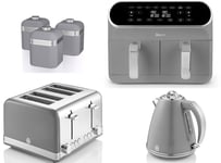 SWAN Retro Grey Kettle Toaster Dual Basket Air Fryer & Canisters Matching Set