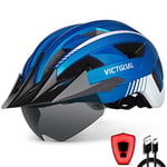 Victgoal Bike Helmet with USB Rechargeable LED Light Removable Magnetic Goggles Visor Breathable MTB Mountain Bicycle Helmet for Unisex Men Women Adjustable Cycle Helmets (L: 57-61 cm, Metal Blue)