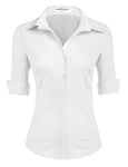 HOTOUCH White Shirts for Women Blouse Cotton Shirt 3/4 Sleeve Formal Work Ladies Office Shirt Basic Fitted Blouses Button Placket Tops Short Sleeve V-Neck Top White L