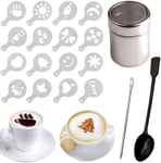 Stainless Steel Chocolate Shaker Duster + 16 Cappuccino Coffee Barista Stencils