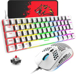 T60 Ensemble Clavier et Souris de Jeu Filaire, Clavier Mécanique 60% Mini 62 Touches, 19 Lumières Arc-en-Ciel, UK Layout + Souris de Jeu PS4 6400 DPI + Tapis de Souris pour PC,Mac - Switch Red/Blanc