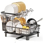 LIONONLY 2 Tier Dish Drainer Rack with Drip Tray, Detachable Dish drying Rack with Swivel Drainage Spout, Utensil & Cup Holder,Dish Rack for Kitchen Counter