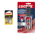 Pattex Pâte à réparer Métal 48 g, Pâte epoxy bicomposante avec particules de métal pour coller et réparer les métaux & Loctite - Power Epoxy Rapid 5 min - Seringue de colle - Transparent - 11ml