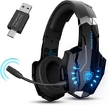 Casque Gaming Wireless pour PS4/PS5/PC/Switch,Adaptateur USB et Type-C,Son 7.1,Microphone Antibruit,30 H+ d'Autonomie de la Batterie,Lumières LED