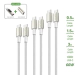 4smarts USB-C til USB-C 60W PremiumCord - 3x USB-C till USB-C-kabel med USB-C-adapter & förlängare - Vit