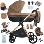 Sianldcone Poussette 3 en 1, Tissus Haut de Gamme Poussette Bebe, Poussoir Bidirectionnel Poussette Avec Cosy, Vision Buverte Poussettes Combinées (H2 Khaki)